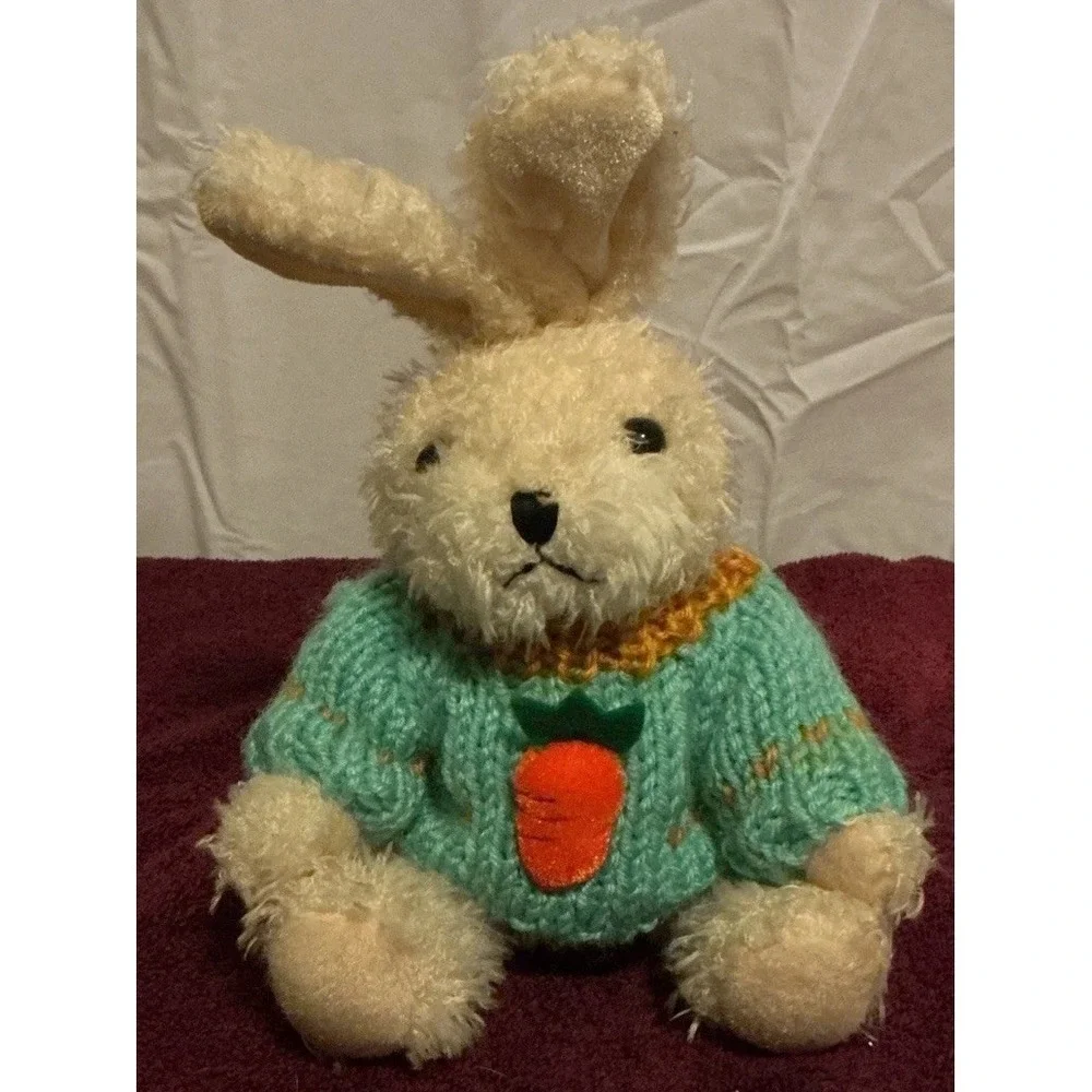 1988 Chrisha Playful Plush Bunny Stuffed Rabbit Easter Sweater With Jointed Legs